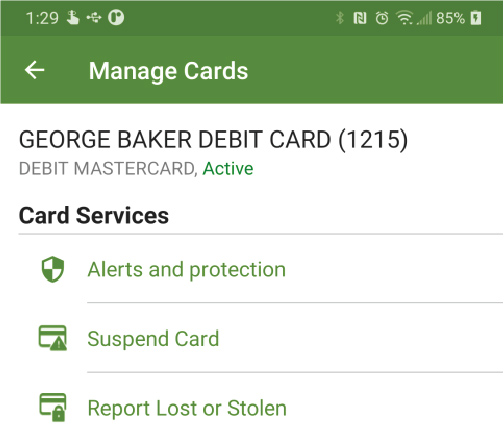 Manage Cards Menu