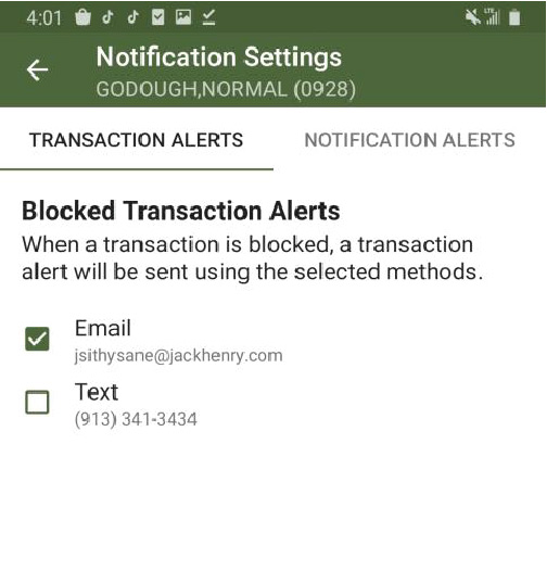 Transaction Alerts Menu