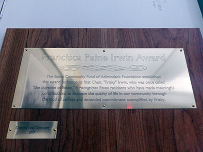 Francisca Paine Irwin Award plaque